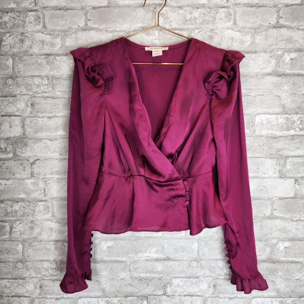 Glamorous Blouse Magenta Fuchsia Satin Ruffle Peplum Wrap Top XS